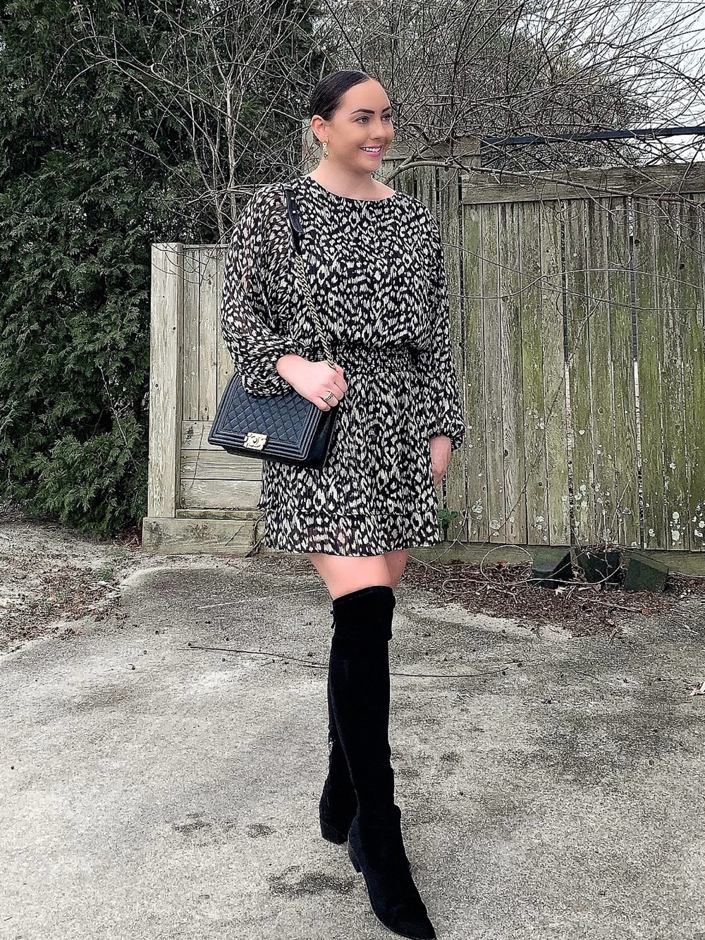 Veronica M Black and Cream Printed Long-Sleeve Mini Dress